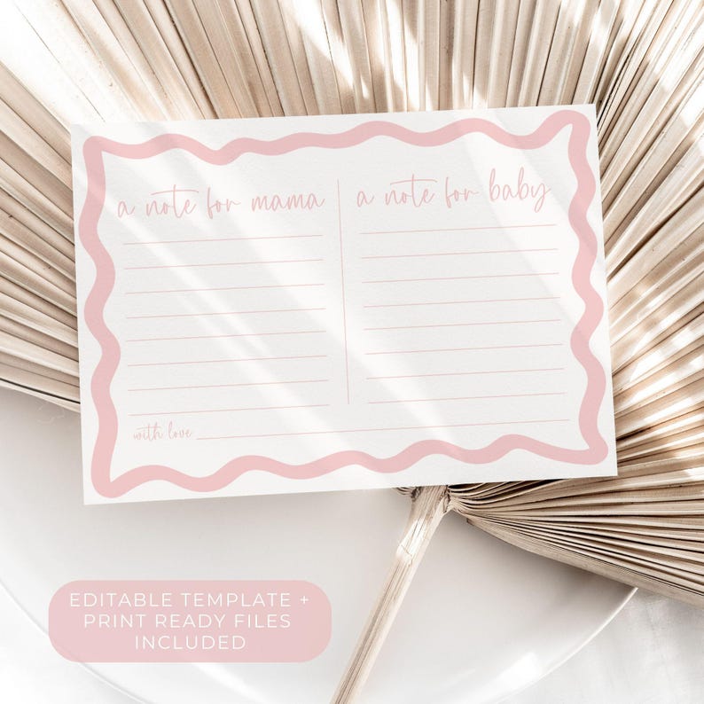 pink baby shower wishes card editable template with wavy border design includes a note for mama and a note for baby fun activity for girl baby shower or sprinkle printable keepsake where guests write advice encouragement and love notes instant download modern stationery idea for party decor
