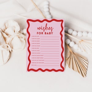 Deseos para bebé: los juegos más divertidos para baby shower. Plantilla con borde ondulado rosa retro, decoración DIY editable para baby shower, imprimible, descarga instantánea BB06.