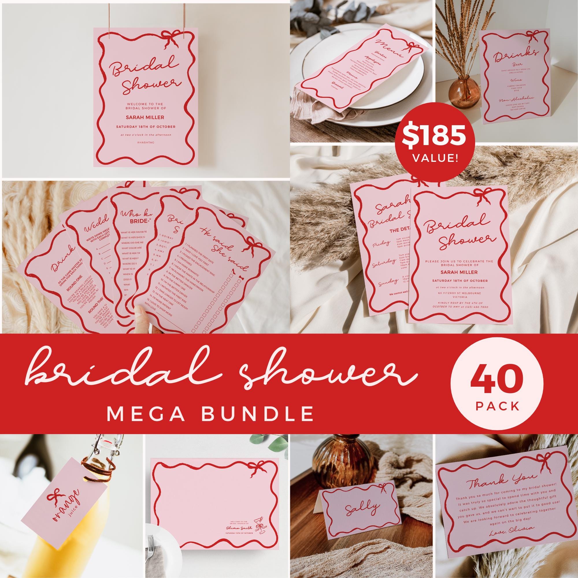 Pink and Red Wave Hens Party Bridal Shower Mega Bundle, Games Welcome Sign Invitation, Bachelorette Hand Drawn Ribbon Bow Template BS03