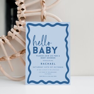 Wavy Border Baby Shower Invitation, Retro Dusty Blue Editable Template Invite, Boy Sprinkle Printable, Hello Baby INSTANT DOWNLOAD BB26