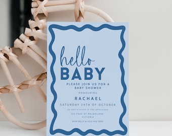 Wavy Border Baby Shower Invitation, Retro Dusty Blue Editable Template Invite, Boy Sprinkle Printable, Hello Baby INSTANT DOWNLOAD BB26