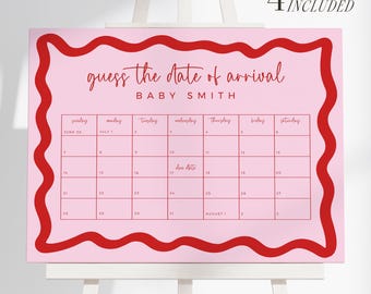 Calendario para adivinar la fecha de parto: Juego para baby shower en rosa y rojo (Plantilla editable de Canva, descarga digital BB06)