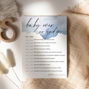 Au-dessus ou au-dessous d'une carte aquarelle bleu poussiéreux, jeu de baby shower, activité amusante de jeux-questionnaires pour bébé, modèle imprimable modifiable minimaliste à télécharger BB22