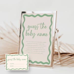 Raad de babynaam spel saliegroen genderneutraal babyshower strooi golvende retro rand, sjabloon bewerkbare INSTANT DOWNLOAD afdrukbare BB36