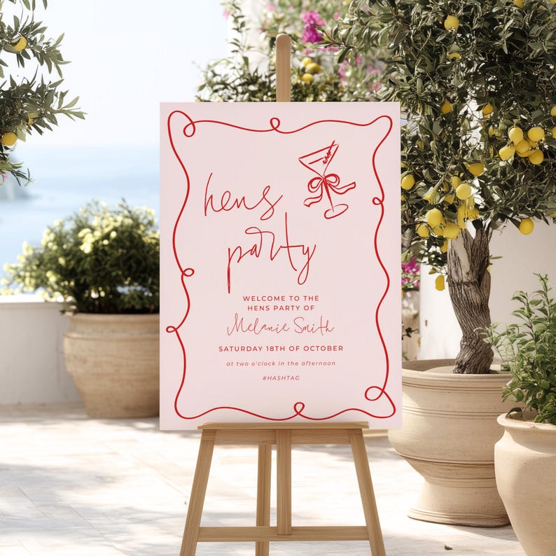 a sign welcoming guests to a party, with a red and white color scheme.