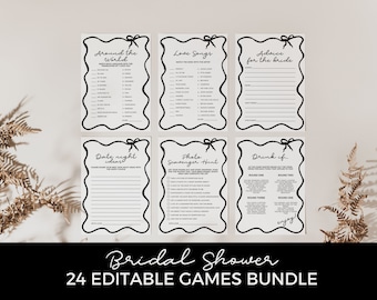 Wavy Border Bridal Shower Games, Bachelorette Hens Party, Hand Drawn Ribbon Bow Wave Modern, Instant Template Editable Printable BS01