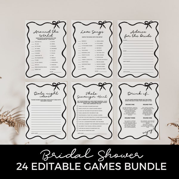 Wavy Border Bridal Shower Games, Bachelorette Hens Party, Hand Drawn Ribbon Bow Wave Modern, Instant Template Editable Printable BS01