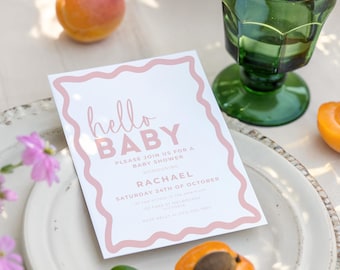 Wavy Border Baby Shower Invitation Retro Pink Beige Boho Editable  CanvaTemplate Invite Sprinkle Printable Hello Baby INSTANT DOWNLOAD BB86