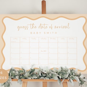 Juego de adivinanzas de fecha de llegada, calendario de baby shower, plantilla de borde ondulado amarillo neutro, editable e imprimible. DESCARGAR BB56.