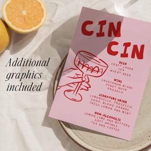 Puede incluir: Una tarjeta de menú rosa con la palabra "CIN CIN" en rojo, que presenta una ilustración de una mano sosteniendo una copa de cóctel. El menú enumera cerveza, vino, bebidas de autor y opciones sin alcohol. Se ven limones en rodajas.
