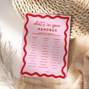 Afdrukbare spelletjes babyshower Wat zit er in je handtas, sjabloon met retro golvende rand, bewerkbaar leuk DIY-decor roze rood INSTANT DOWNLOAD BB06