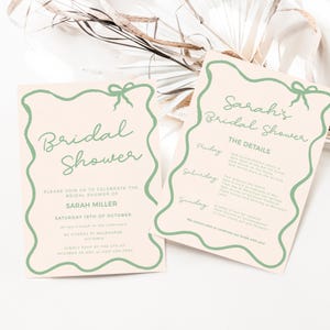 Sage Green Bow Brautduscheneinladung Reiseplan Details, Hennen Bachelorette einladen, gewellte Randvorlage bearbeitbares handgezeichnetes Band BS05