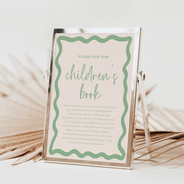 Please Sign Our Childrens Book Sign, Wavy Retro Border Template Editable DIY Sage Green Baby Shower Decor, Gender Neutral Printable BB36