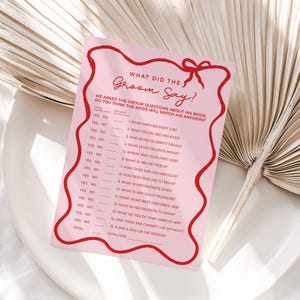 What did the Groom Say? Bow Wavy Border Template Bridal Shower Game Trivia Hens Party Bachelorette Hand drawn Ribbon Canva Editable BS03