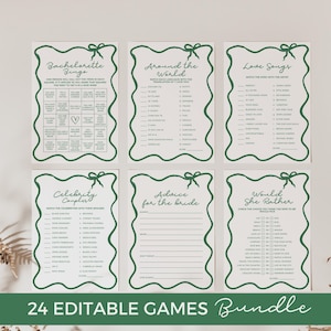 Modèle de bordure ondulée avec noeud vert, jeux de douche nuptiale, EVJF, vague de ruban dessiné main, numérique imprimable BS04 modifiable instantané