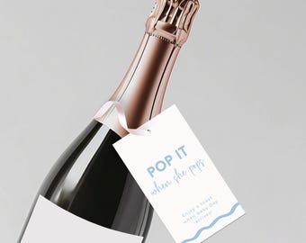 Pop It When She Pops, Boho Blue Boy Baby, Champagne Favor Tag Wave Border Template, Printable Baby Shower, Mini Wine Bottle Editable BB76