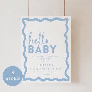 Cartello di benvenuto per baby shower con bordo ondulato blu e beige, modello modificabile moderno, Hello Baby Wave stampabile, DOWNLOAD IMMEDIATO, 5 misure BB76