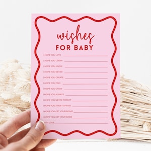Auguri per i giochi più divertenti per il baby shower, modello con bordo ondulato sottile rosa retrò, decorazioni fai da te con onde modificabili, stampabili, DOWNLOAD IMMEDIATO BB06