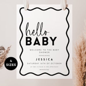 Retro-gewellte Grenze-Babyparty-Willkommensschild, minimale bearbeitbare Vorlage Geschlechtsneutral, Hallo-Baby-Partydekor druckbare SOFORT-DOWNLOAD BB46