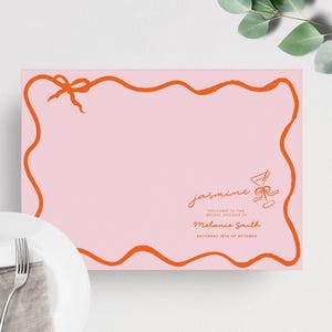 Modello per tovaglietta con fiocco ondulato arancione rosa, per baby shower, addio al nubilato, festa nuziale, bordo ondulato, personalizzabile, stampabile, BS02