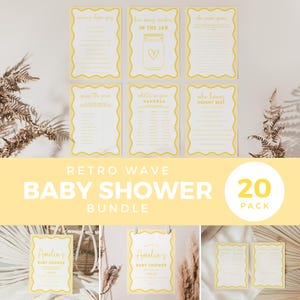 Kit Chá de Bebê Ondas Amarelo Limão, Jogos Mais Divertidos Ondulados, Gênero Neutro, Placa de Convite de Boas-Vindas, Modelo Editável para Imprimir, Download BB57