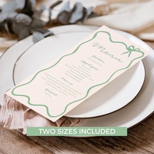 Salbei-grünes Band gewellte Borte Brautparty-Menü Bogen-Vorlage, Hens Party Bachelorette Modern, Babyparty-Geburtstags-Hand gezeichnet bearbeitbar BS05