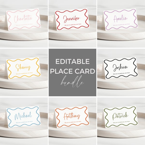 Wave Border Template Place Cards, Retro Gender Neutral Party Guest, Scallop Edge Editable DIY Decor, Buffet Labels DOWNLOAD Printable BB6