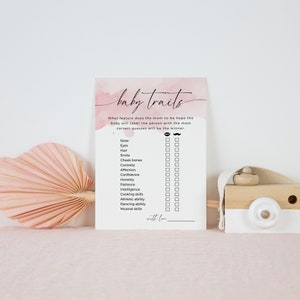 Cartão aquarela com traços de bebê rosa blush, jogo de chá de bebê, atividade de previsões para bebês, modelo minimalista editável para impressão, download BB12