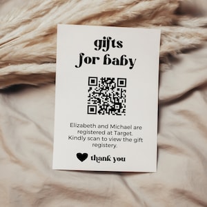 Tarjeta de registro de bebé con código QR para baby shower, regalos para bebé, plantilla imprimible editable, descarga instantánea, etiqueta de agradecimiento, género neutro BB01