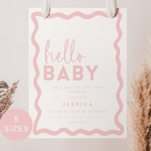 Placa de boas-vindas para chá de bebê com borda ondulada, estilo boho, bege e rosa, modelo editável moderno, aceno para bebê, para impressão, DOWNLOAD INSTANTÂNEO, 5 tamanhos BB86