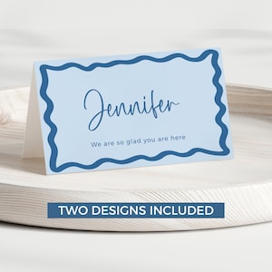 Marque-places de modèle de bordure vague, décoration rétro modifiable pour baby shower garçon bleu poussiéreux bricolage, étiquettes de buffet fête événement TÉLÉCHARGER BB26 imprimable