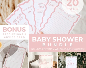 Pastel Pink Baby Shower Bundle Editable Invite Baby Sprinkle Welcome Sign Template Canva Printable Games Pack Predictions for Baby Card BB86