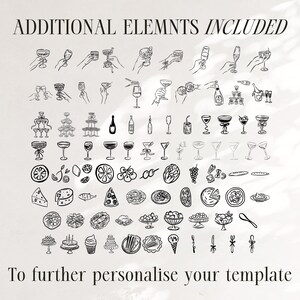 a collection of various food and drink items, along with some hand-drawn illustrations, all presented in a simple, black and white style. The text at the top of the image reads "Additional Elements Included", and at the bottom, it states "To further personalise your template".