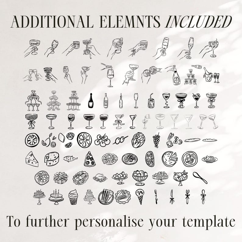a collection of various food and drink items, along with some hand-drawn illustrations, all presented in a simple, black and white style. The text at the top of the image reads "Additional Elements Included", and at the bottom, it states "To further personalise your template".
