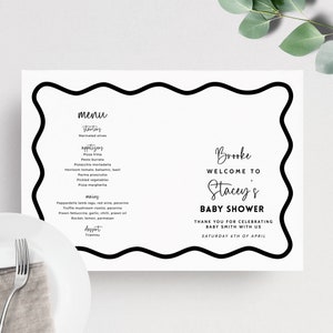 Plantilla de borde ondulado para menú, personalizable, editable, para baby shower de género neutro, mantel individual A3, 43 x 28 cm, para despedidas de soltera, descarga imprimible BB46
