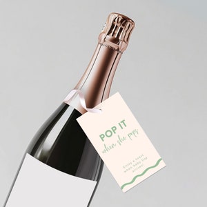 Pop It When She Pops, Salvia neutra, Modello per bordo ondulato per etichetta bomboniera champagne, Baby shower stampabile, Mini bottiglia di vino modificabile BB36