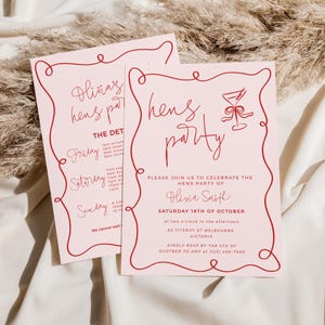 Détails de l'itinéraire d'invitation de bordure ondulée fête poules, douche nuptiale EVJF rose rouge, boisson cocktail dessinée à la main modifiable HP03