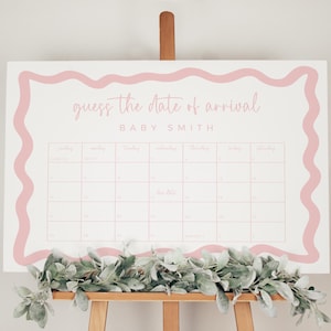 Jeu de devinette rose bohème, date d'arrivée prévue, anniversaire de calendrier de baby shower, modèle de bordure ondulée vague fille beige TÉLÉCHARGEMENT imprimable BB86