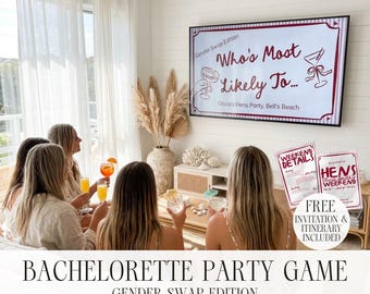 Hens Party Game Who Is Most Likely To TV Game Gender Swap Photo Game Editable Canva Template Bachelorette Party Game Hen Night Games