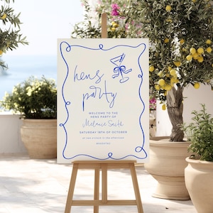 Hennen Party Willkommensschild Brautparty Blaues Thema Handgezeichnetes Party Zeichen druckbare Canva Vorlage Bachelorette Schild Hens Party Dekoration HP02