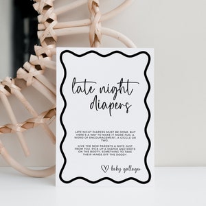 Gender Neutral Late Night Windeln Hinweisschild, gewellter Retro Rand, Windelvorlage bearbeitbar, Junge Babyparty, SOFORTIGER DOWNLOAD druckbar BB46