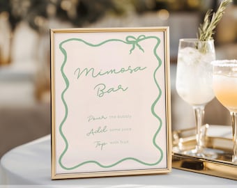 Mimosa Bar Sign Editable Template Baby Shower Mimosa Bar Printable Bridal Shower Brunch Drink Station Sign Sage Green Wavy Border Canva