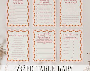 May include: Six rectangular baby shower game cards with scalloped orange borders and light pink vertical stripes. The cards feature printed text including Wishes for Baby, Would She Rather, Who Knows Mommy Best, Nursery Rhyme Quiz, Guess the Baby Food, and Guess the Price.