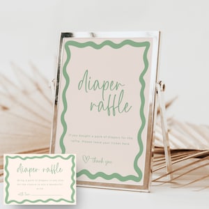 Letrero con borde retro ondulado para rifa de pañales verde salvia. Plantilla editable para baby shower de género neutro. Boleto de invitación imprimible (descargable) BB36.
