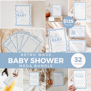 Mega Kit Chá de Bebê Azul Boho, Placa de Boas-Vindas Bege Retro Onda para Meninos, Livros de Fraldas com Dicas e Previsões, Modelo Editável BB76