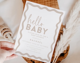 Wavy Border Baby Shower Invitation, Retro Beige Boho Editable Template Invite, Gender Neutral Printable, Hello Baby INSTANT DOWNLOAD BB66