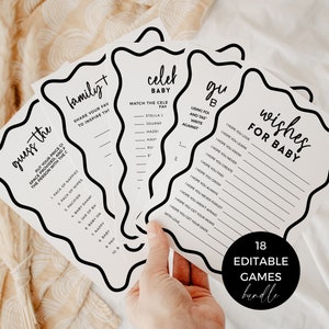 Golvende afdrukbare games, leukste babyshowerbundel, bewerkbare retro-minimalistisch, bingo Trivia Luier Draw Over Under-sjabloon DOWNLOAD BB46