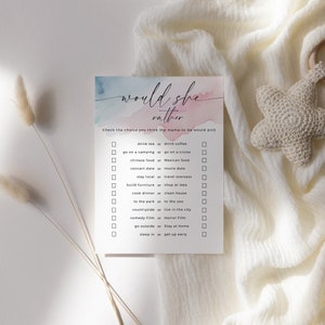 Cartão de revelação do sexo do bebê em aquarela, jogo de chá de bebê, quem conhece melhor a mamãe, modelo editável minimalista para impressão, download BB02