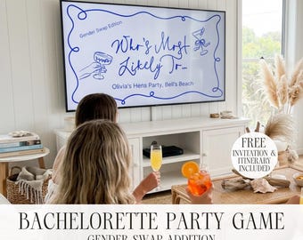 Gender Swap Hens Party Game Who's Most Likely Bachelorette Game Bridesmaid Reveal Interactive Canva Template Blue Cocktail Hen Do Editable