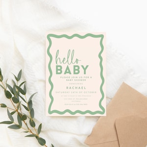 Invito per baby shower con bordo ondulato, modello modificabile verde salvia retrò, stampabile neutro, Hello Baby, download immediato BB36
